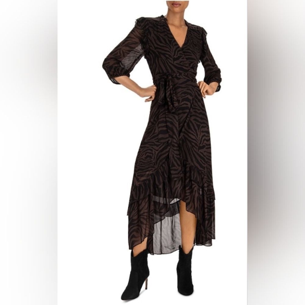ba&sh Animal Print Selena Maxi high low Ruffle Zebra Print Dress Brown size XS